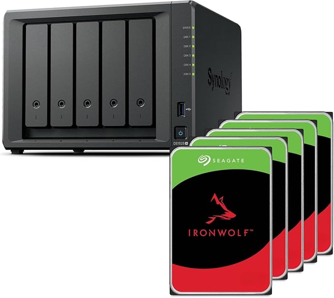 Synology DS1525+(2X 2.5GbE Ports, Ryzen V1500B, 8GB RAM) 5-Bay 20TB Bundle with 5X 4TB Seagate Ironwolf HDDs