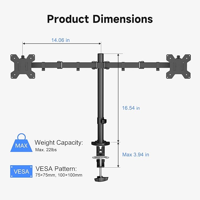 Pholiten Dual Monitor Stand, Heavy Duty Adjustable Monitor Arm Desk Mount for 2 Screens up to 32 Inches, Tilt, Swivel, Rotate, Supports 22 lbs per Monitor Arm
