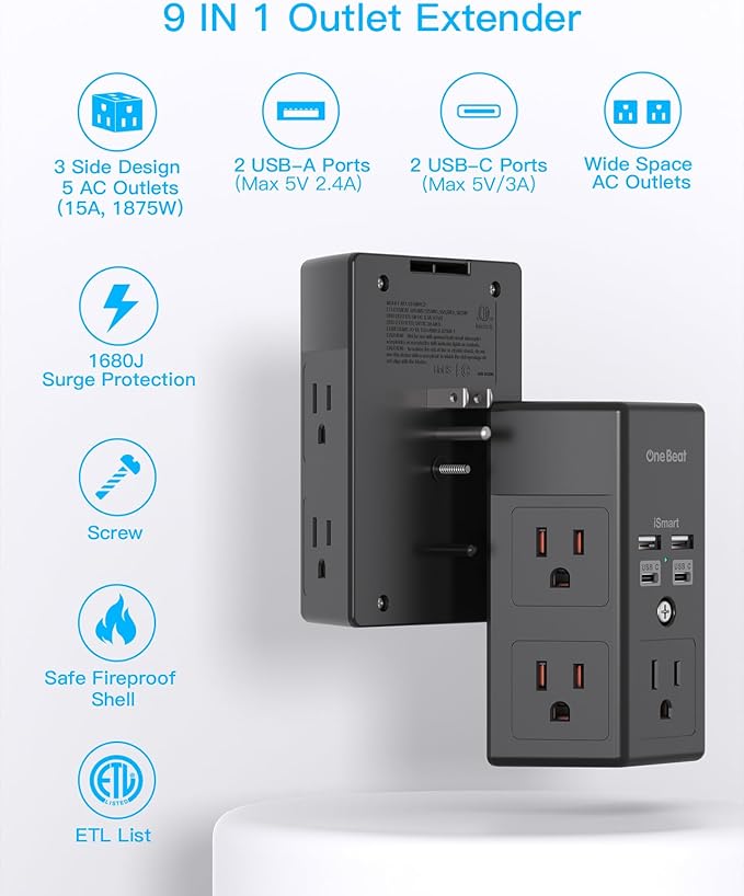 2 Pack Surge Protector, 5 Outlets Extender with 4 USB Ports(USB C), 3-Side 1680J Power Strip Multi Plug Outlet Expander, USB Wall Charger, Outlet Splitter Adapter Wall Mount for Home Office ETL Listed