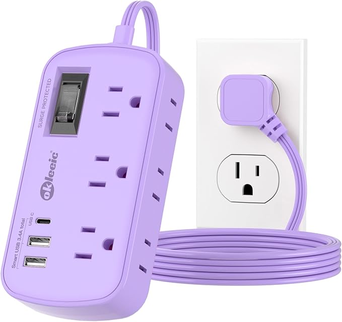 Purple Extension Cord with Surge Protected - Cute Travel Power Strip with 6 AC Outlet 3 USB (1 USB-C) Charging Station, Purple Desk Accessories Wall Mountable Cute Kawaii Lavender Office Dorm Room