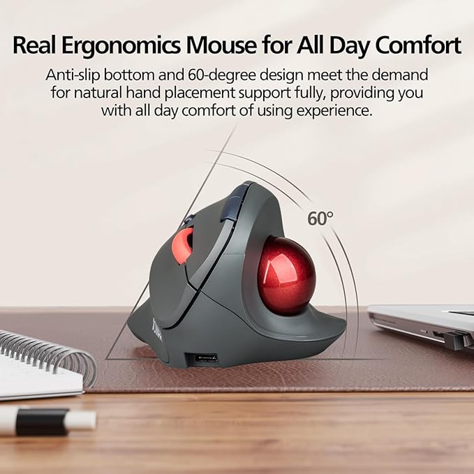 Dual Mode Wireless Vertical Computer Trackball Mouse, Ergonomic Bluetooth Thumb-Control Mouse with Quiet Clicks Ergonomic Design Adjustable CPI ,Built-in 500mAh Battery Rechargeable for PC/Mac/Laptop