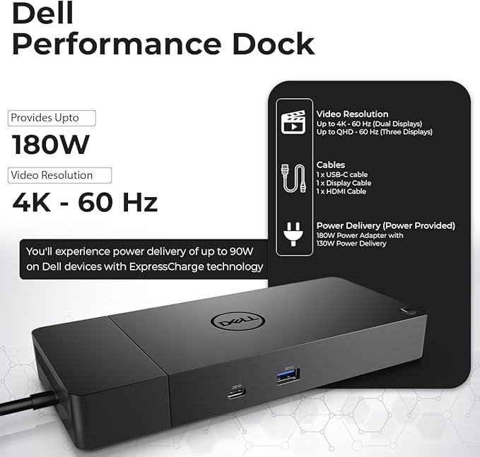 WD19S Docking Station 180W (130W Power Delivery) - Docking Station Dual Monitor, Dock Station with 180W Power Supply + HDMI Cable + DisplayPort Cable + USB-C Cable + Microfiber Cloth (Renewed)