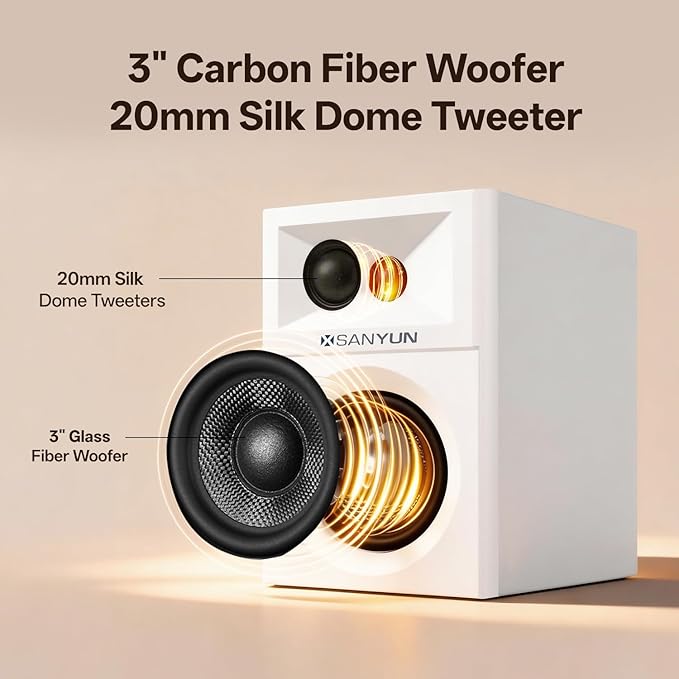Sanyun SW203 4.0 Computer Speakers - 60W 4-Way DSP Control 3D Immersive Sound - 3" Carbon Fiber Woofer & 20mm Silk Dome Tweeter - 24bit DAC USB/Bluetooth 5.4/AUX - Studio-Grade Audio (Pair, White)