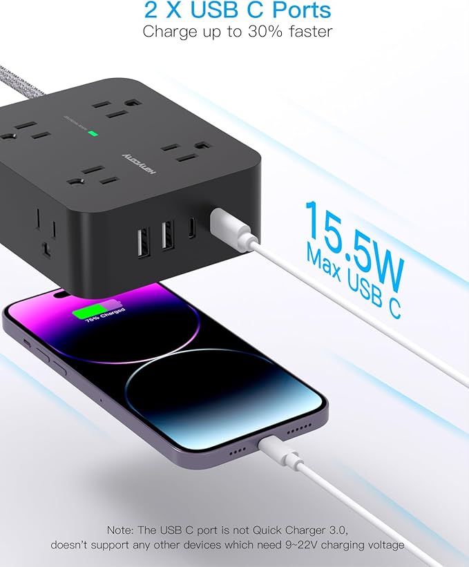 Power Strip Surge Protector 10 Ft Cord, HANYCONY Extension Cord Flat Plug with 8 Outlets 4 USB Ports(2 USB C), Wall Mount, Desk Charging Sation for Home Offcie