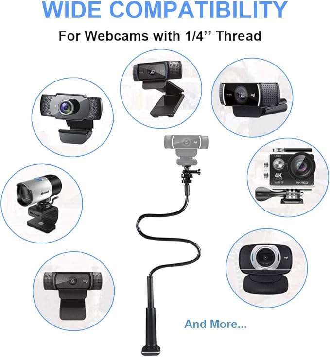 30 Inch Webcam Stand Camera Mount, Upgraded Thick Base Flexible Gooseneck Camera Stand Desk Webcam Mount Clamp for Logitech Webcams C930e C930 C920 C922x C922 Brio 4K C925e C615, Gopro Hero 8 7 6 5 4