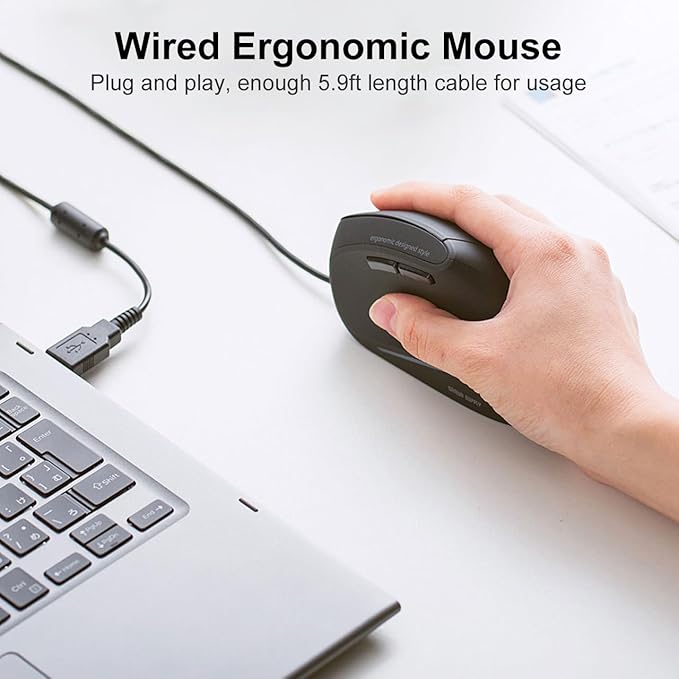 SANWA Wired Ergonomic Mouse, Silent Click, Vertical Computer Mice, 3 Programmable Buttons, Optical Ergo Mouse, Reduce Wrist Strain, 1000/1600 DPI, Compatible wtih Mac, Windows, Laptop, PC