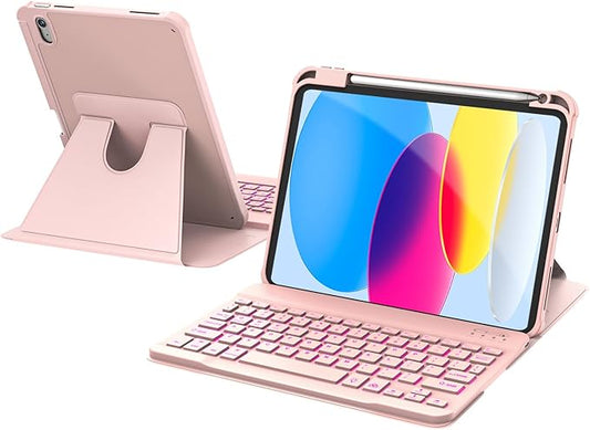 for iPad 11th(A16, 2025)/10th Generation Case with Keyboard, 360° Rotatable Case & Detachable Backlit Keyboard, Precision Cutouts and Pen Holder for iPad A16 11''/10th 10.9'', Light Pink