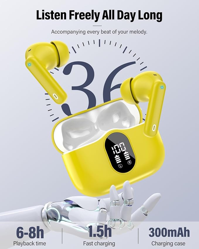 Wireless Earbuds, Bluetooth 5.4 Headphones Bass Stereo, Ear Buds with Noise Cancelling Mic, IP7 Waterproof in Ear Earphones, 36H LED Display Bluetooth Earbuds for Laptop Pad Phones, Golden Yellow