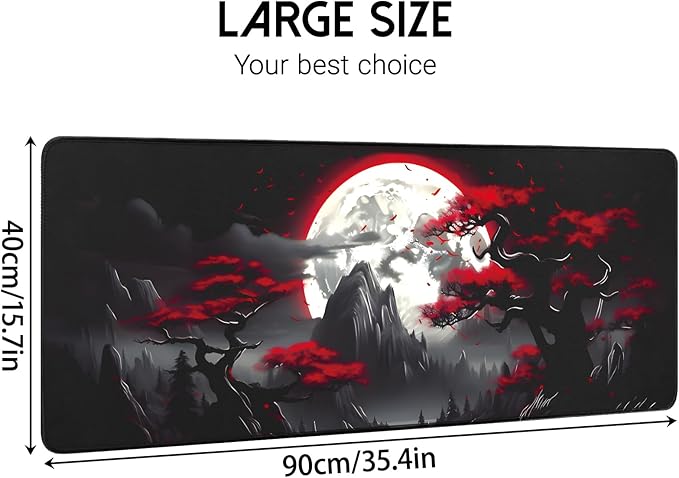 Large Gaming Mouse Pad, Anime Black Mousepad with with Non-Slip Base, Expanded Cool Desk Mat, Mountain Moon Scenery XL Keyboard Mat Suitable for Home Office,35.4 X 15.7 Inch