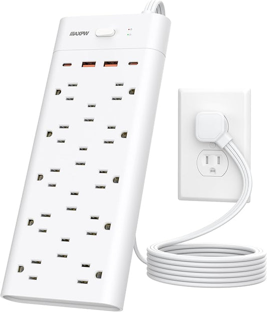 Power Strip Surge Protector with 14 Outlets and 4 USB Ports (2 USB C), 6 Ft Flat Plug Heavy Duty Extension Cord, 1700 Joules, Wall Mount for Home, Office, Gaming Room,Dorm, White