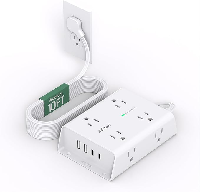 10FT Flat Plug Extension Cord with Multiple Outlets, Surge Protector Power Strip 10 ft Cord, 8 Outlets 4 USB Ports (2 USB C), Multi Outlet Wall Plug for Home Office College Dorm Room Essentials