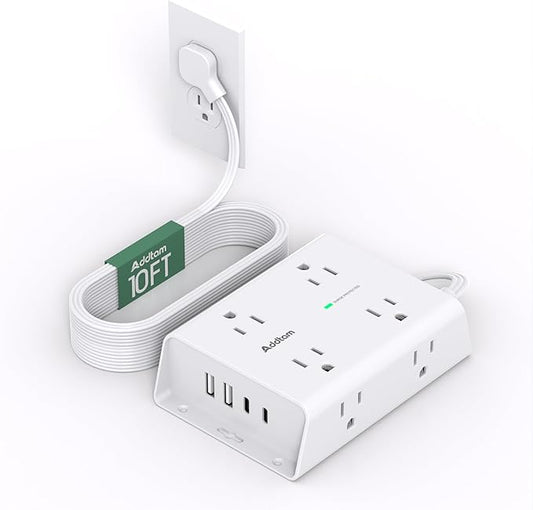 10FT Flat Plug Extension Cord with Multiple Outlets, Surge Protector Power Strip 10 ft Cord, 8 Outlets 4 USB Ports (2 USB C), Multi Outlet Wall Plug for Home Office College Dorm Room Essentials