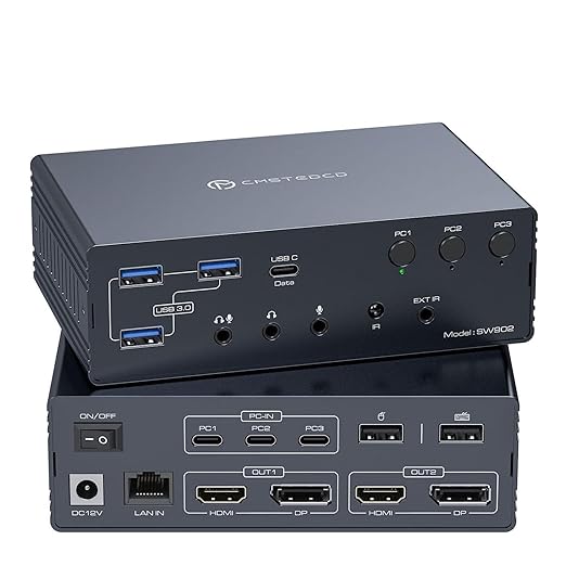 USB C KVM Switch 2 Monitors 3 Computers Docking Station 4K60Hz for M1 M2 M3 M4 Thunderbolt KVM with Displaylink Support USB3.0/USB C in DP/HDMI Out Extended/Mirrored Mode for Windows Mac