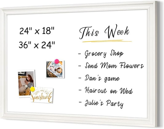 4 THOUGHT Dry Erase Board, 24 x 18 in Magnetic Whiteboard Wood Frame Wall-Mounted White Board Decorative Planner Notice Board for School, Office, Home, 8 Magnets 4 Markers 1 Eraser, White