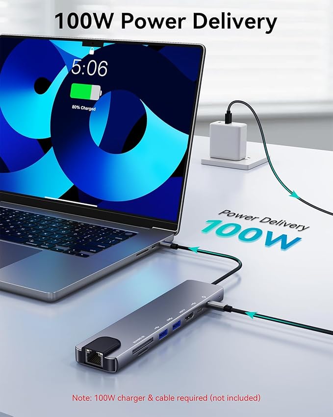 8-in-1 USB C Hub Multiport Adapter, USB C Docking Station for Laptop with 4K@60Hz HDMI, 100W PD Charging, SD/TF Card Reader, USB 3.0 Ports for MacBook Pro/Air, iPad, Windows, School & Office