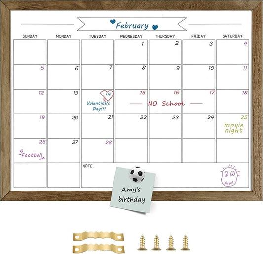 Dry Erase Monthly Calendar Whiteboard, Magnetic Surface White Board for Wall, Office/School/Home, Solid Pine Wood Rustic Brwon Frame Hanging Board & Planning Board, 13"x 17" (YL-RB-3343-B)