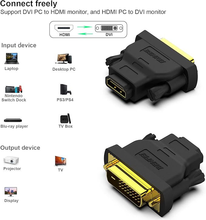 BENFEI DVI to HDMI, Bidirectional DVI-D to HDMI Male to Female Adapter with Gold-Plated Cord 2 Pack