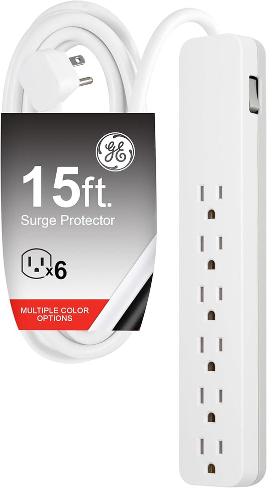 GE 6-Outlet Surge Protector, 15 Ft Extension Cord, Power Strip, 840 Joules, Flat Plug, UL Listed, White, 62936