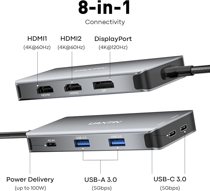 USB C Docking Station Dual Monitor Adapter, Laptop Docking Station 3 Monitor Triple 4K60Hz Display with 2 HDMI, 4K120Hz DisplayPort, USB-A & USBC Data, 100W PD, USB C Dock for Dell, HP, Lenovo