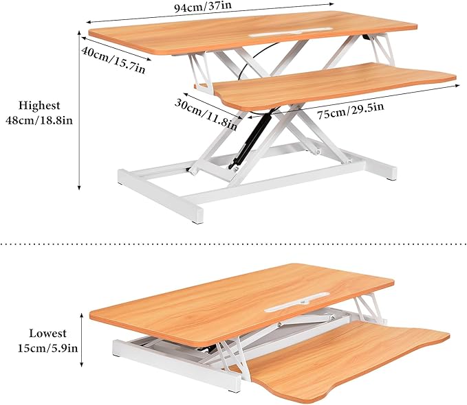 37" Desk Converter, Height Adjustable Stand Up Desk Converter, 2 Monitor Standing, Sit to Stand, Quick Sit to Tabletop, Riser Workstation with Wide Keyboard Tray