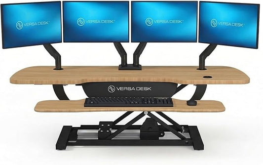 VERSADESK 48 Inch Extra Wide Electric Standing Desk Converter, PowerPro™ Height Adjustable Sit to Stand Desk Riser with Keyboard Tray, Built-in USB Charging Port, Hold 80 lbs, Maple