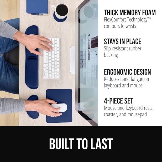 GORILLA GRIP Silky Memory Foam Keyboard Wrist Rest and Mouse Pad for Computer, Ergonomic Typing Support, Desk Office Supplies Gaming Accessories, Hand & Arm Mousepad Cushions and Coaster Set Navy Blue