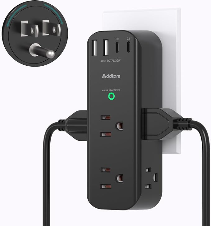 Outlet Extender Surge Protector - with Rotating Plug, 6 AC Outlets Splitter 4 USB Ports, 1800J, 3-Side Power Strip Wall Mount, Multi Plug Outlet