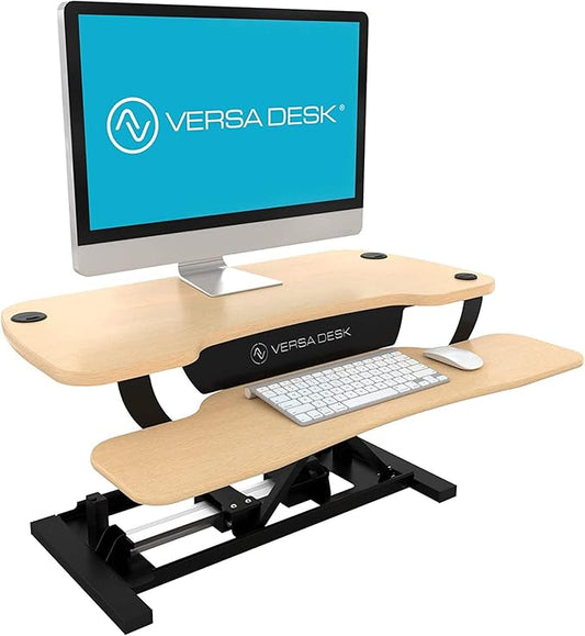 VERSADESK Electric Standing Desk Converter, 36 Inch PowerPro™ Height Adjustable Sit Stand Desktop Riser with Keyboard Tray, Built-in USB Charging Port, Holds 80 lbs, Push-Button Switch, Maple