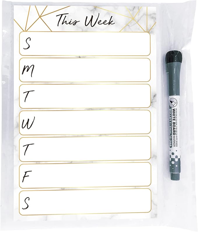 Dry Erase Weekly Calendar Planner Sticker Decal | Removable & Reusable | Magnetic Fine-Tip Marker Included (6 x 9 inches, Marble)