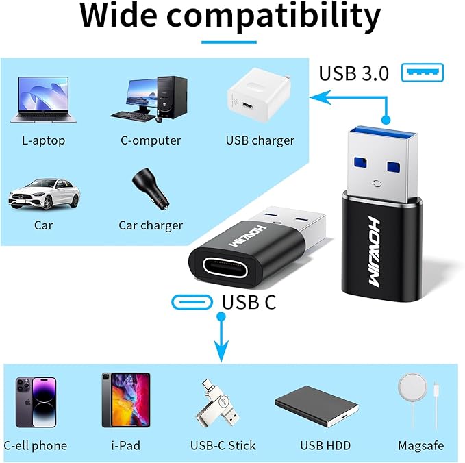 USB to USB C Adapter 4 Pack, USB C Female to USB3.0 Male OTG Adapter,Fast Charging 5Gbps Data Transfer for M-acBook Pad Phone 17/16/15 G-alaxy X-Peria Watch A-irpods M-agSafe Black