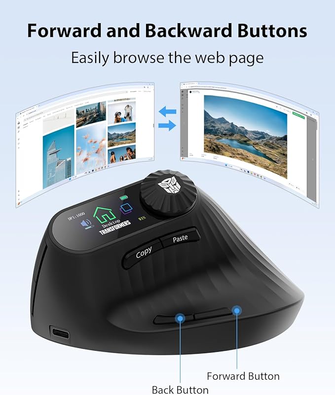 Transformers Vertical Ergonomic Mouse with LED Screen & Knob Control, Rechargeable Vertical Mouse Wireless, 3-Device Connectivity (2.4G + Dual Bluetooth), Quiet Clicks, Computer Mice for PC/Mac/Laptop