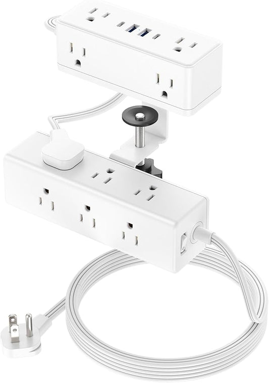 Dual Layer Desk Clamp Power Strip, Desktop Edge Mount Surge Protector with 15 AC Outlets & 4 USB Ports(20W USB-C), Ultra Thin Flat Plug & 5FT Power Cord for Office Home(ETL Listed)