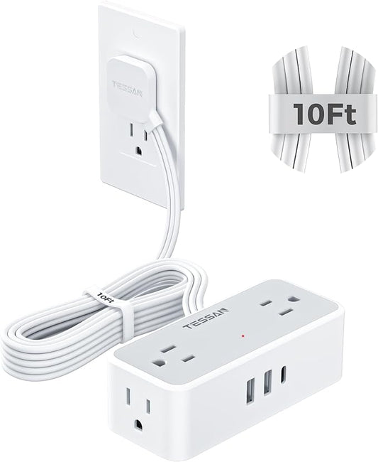 Flat Plug Extension Cord 10 FT, TESSAN Surge Protector Power Strip with 4 AC Outlets 1 USB C and 2 USB A Ports, 900 Joules Protection, Multiple Wall Outlet Extender Suitable for Home Office