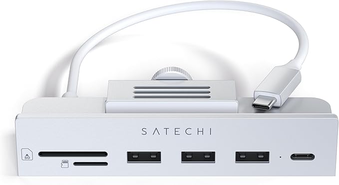 Satechi USB C Hub, iMac USB Adapter, USB C Data Port, USB-A 3.0 Data, Micro/SD Card Readers, USB C Clamp Hub for iMac M4, Does Not Fit 2020 iMac & Earlier Models - Silver