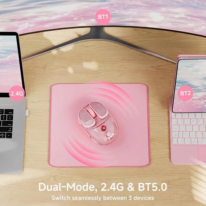 EWEADN Q9 Wireless Clear Mouse Dual Mode Bluetooth & 2.4G USB Computer Mouse with RGB Lighting, Silent Clicks, Multi-Device Compatibility for Laptop, PC, MacBook, iPad Cute Mouse-Pink