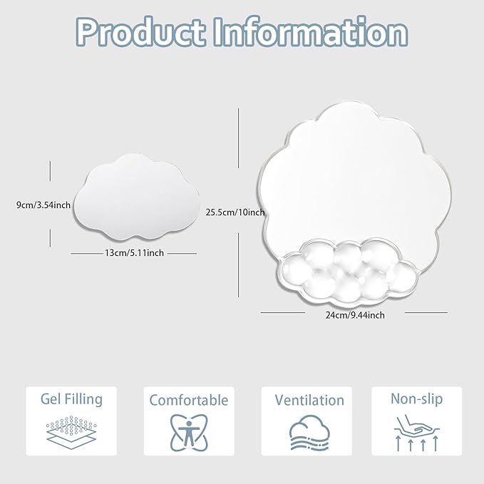 Cloud Mouse Pad with Gel Wrist Support - Clear Ergonomic Mousepad with Non-Slip Base and Cute Coaster for Computer Keyboard Typing Pain Relief/Laptop/Home/Office (Cloud Shape, 2 PCS)