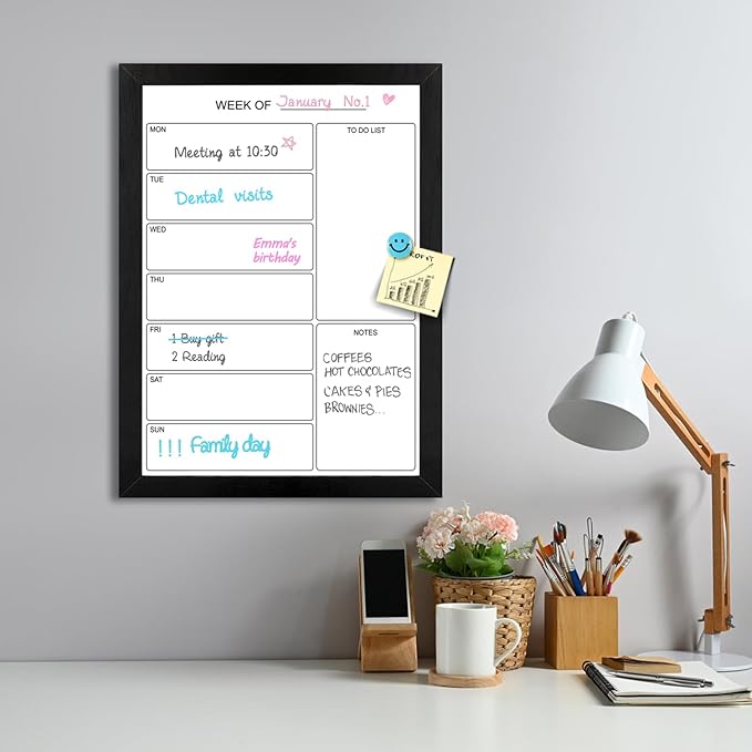 Weekly Dry Erase Whiteboard Calendar, 22.8"x16.9" Magnetic Surface Memo Board, Minimal Design Weekly Planner for Wall, Black Wood Frame Dry Erase Board for Office School Home(ZLBB-S-BK-4358)