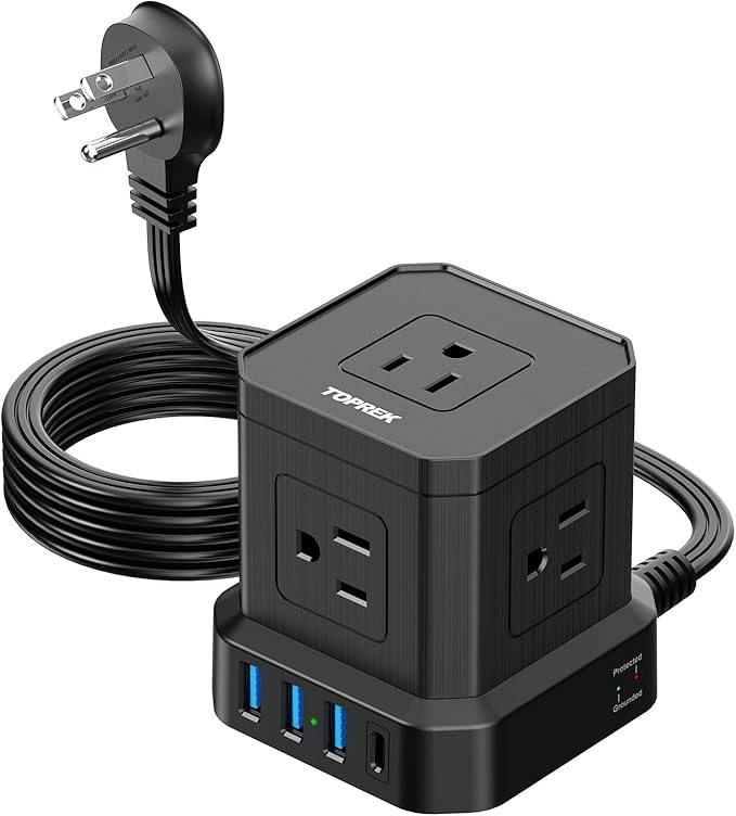 TOPREK Power Strip with USB, USB C (3.0A) Power Strip with 5 Outlets, 1 USB-C & 3 USB-A, 5 FT Flat Extension Cord with Ultra Thin Flat Plug, Surge Protector Compact for Home Office, Dorm, Hotel Travel