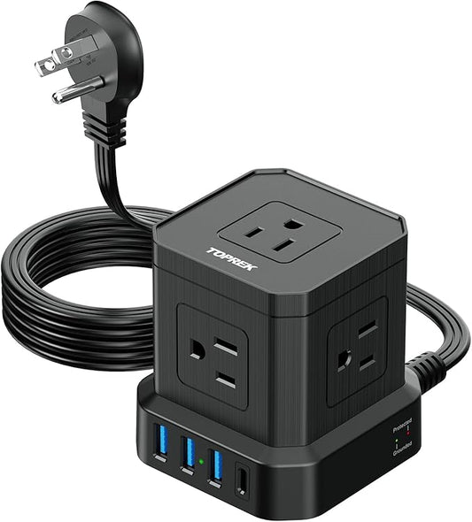 TOPREK Power Strip with USB, USB C (3.0A) Power Strip with 5 Outlets, 1 USB-C & 3 USB-A, 5 FT Flat Extension Cord with Ultra Thin Flat Plug, Surge Protector Compact for Home Office, Dorm, Hotel Travel