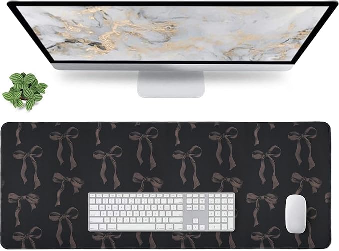 Cute Black Desk Mat with Bows, Black Bow Mouse Pad Keyboard Mat for Computer Laptop Non-Slip Rubber Base, Large Girly Computer Pad Desktop Décor Bow Office Accessories for Teen Girl Women 31.5 x 11.8