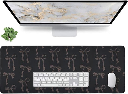 Cute Black Desk Mat with Bows, Black Bow Mouse Pad Keyboard Mat for Computer Laptop Non-Slip Rubber Base, Large Girly Computer Pad Desktop Décor Bow Office Accessories for Teen Girl Women 31.5 x 11.8