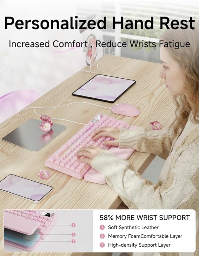 C98 Wired Keyboard and Mouse Combo, Wired Ergonomic Computer Keyboards with Wrist Palm, Double-Shot Keycaps, Silent RGB Backlight Quiet Keyboard for Windows/MAC/PC - Pink