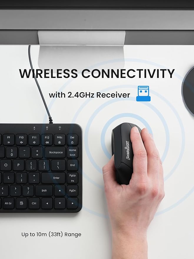 Perixx PERIMICE-715R Wireless Rechargeable Vertical Mouse - Duo Wired and Wireless Charging Feature - 6 Buttons Design - Black - Right-Handed Design