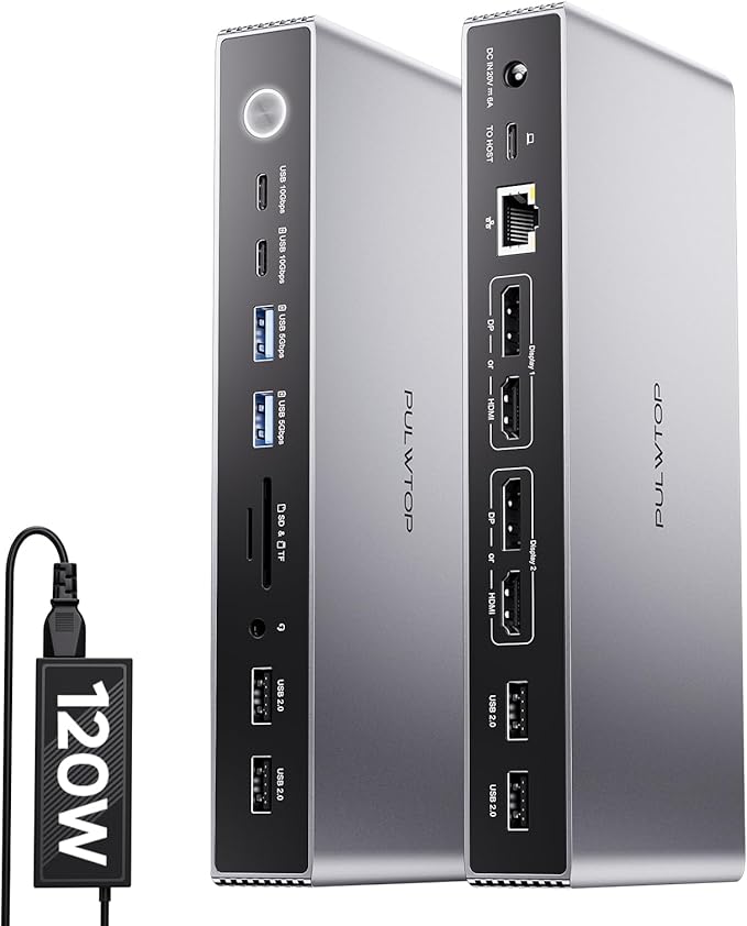 Displaylink Docking Station, USB C Docking Station Dual Displays for MacBook M1/M2/M3/M4 Windows, 4K@60Hz Displaylink Dock with 2 HDMI, 2 Display Port, 2USB C Data, 6 USBA, Ethernet, Audio