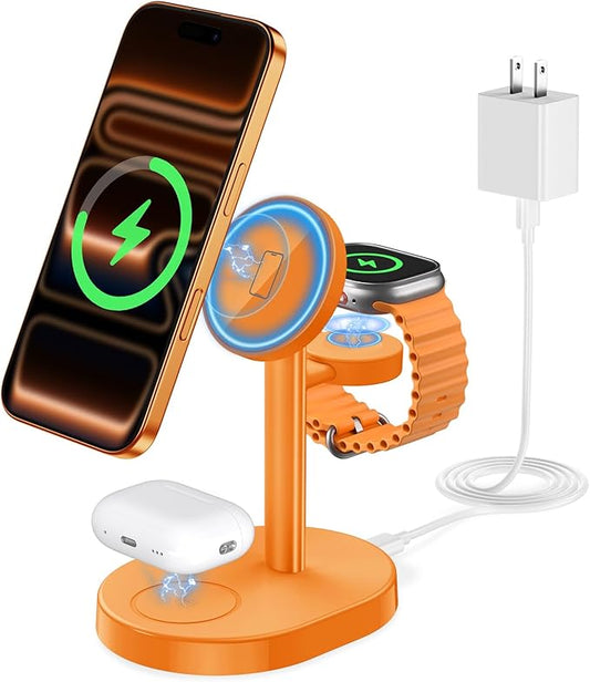 2026 3 in 1 Wireless Charging Station for Apple MagSafe Charger, 15W Fast Magnetic Mag-Safe Charger Stand for iPhone 17 16 15 14 13 12 Apple Watch AirPods Series, Orange