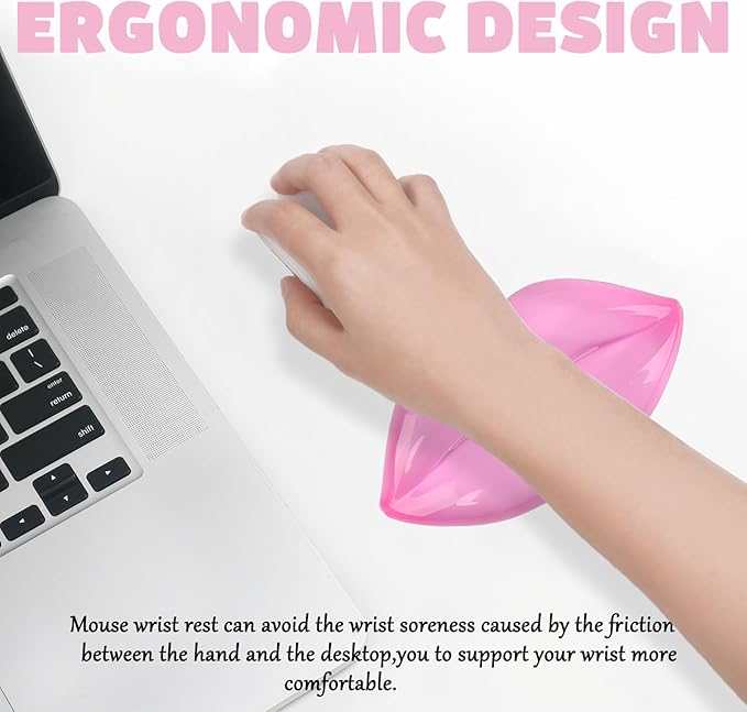 Gel Wrist Rest for Keyboard and Mouse Transparent Pink Lip Elbow Pad Cushion Ergonomic Cute Clear Cool Mouse Wrist Pad Silicone Non-Slip Support for Computer Gaming Home Office Women Girl Hand Pillow