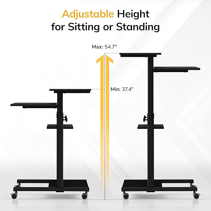 Mount-It! Black Rolling Standing Desk, Adjustable Height up to 54.7", Portable Laptop Podium Desk on Wheels, Mobile Computer Workstation with 4 Shelves 27.5" Wide, Cart for Home Office or Classroom