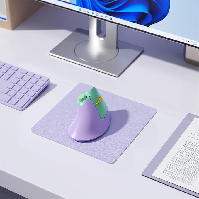 seenda Ergonomic Mouse Wireless, MOU-302 Bluetooth Vertical Mouse Rechargeable, Optical Mice with 1000/1600/2400 DPI, Volume Knob, 3 Multi-Device Connectivity for Computer/PC/Laptop/Mac, Purple