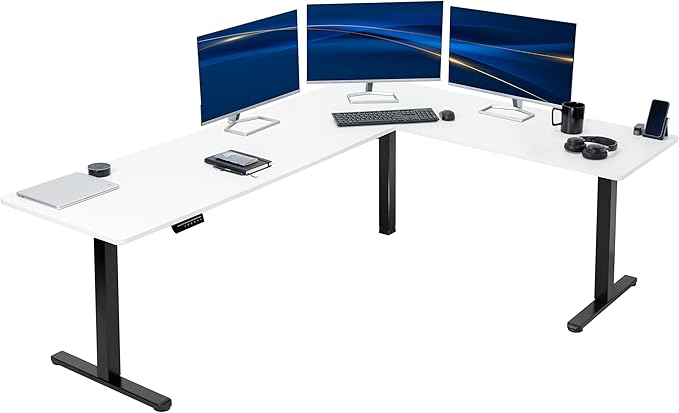 VIVO Corner Standing Desk, 84 x 63 inch Reversible L-Shaped Workstation, Electric Height Adjustment, Home, Office, and Reception Rooms, White Table Top Black Frame, DESK-E3CTBW-84