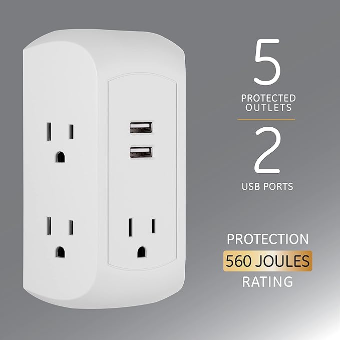 GE 5-Outlet 2-USB Surge Protector Outlet Adapter, 560 Joules, Fast Charging Station, 12W USB-A Ports, Side Access, Compatible with Apple iPhone, iPad, Samsung Galaxy, Google Pixel, White, 58297